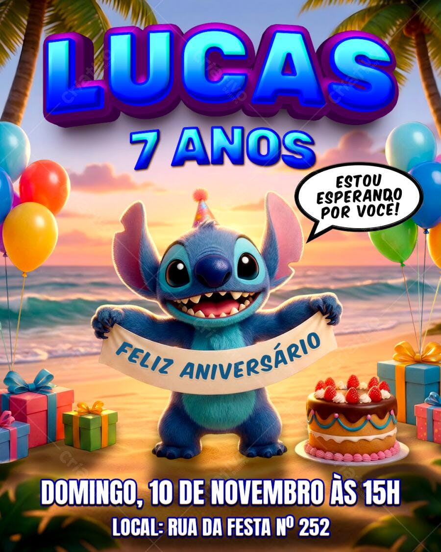 Convite de Aniversário Infantil Stitch na Praia PSD Editável