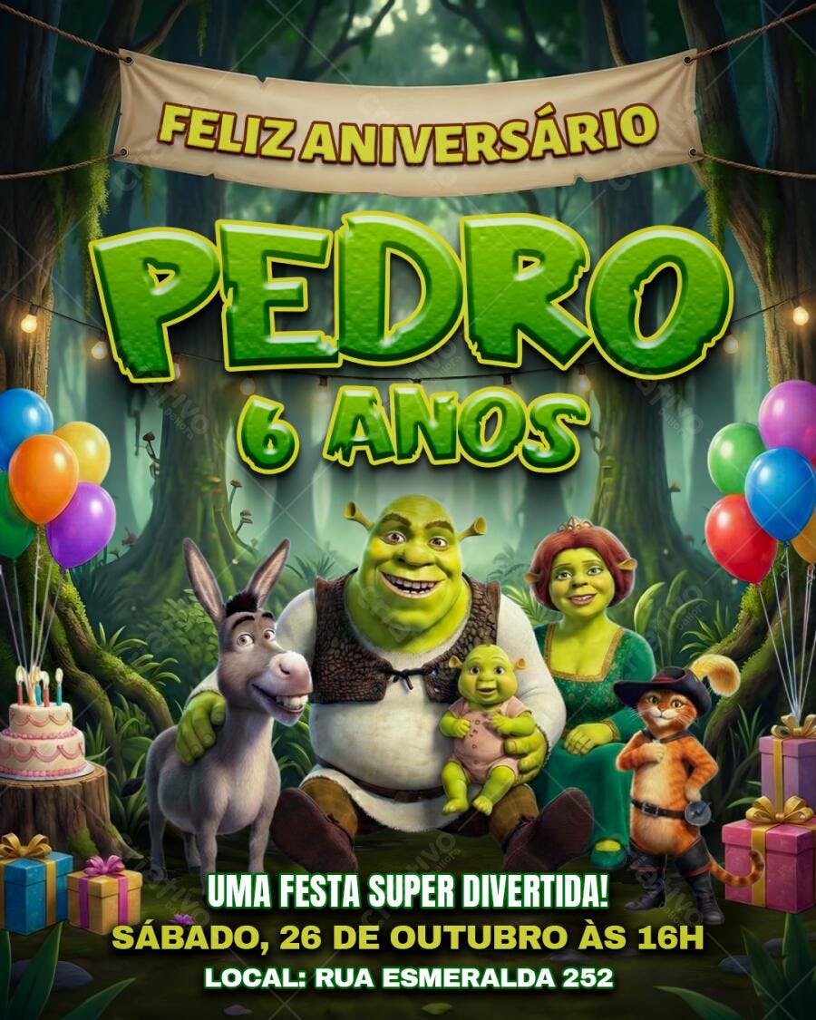 Convite Aniversário Infantil Shrek Pedro 6 Anos PSD Editável