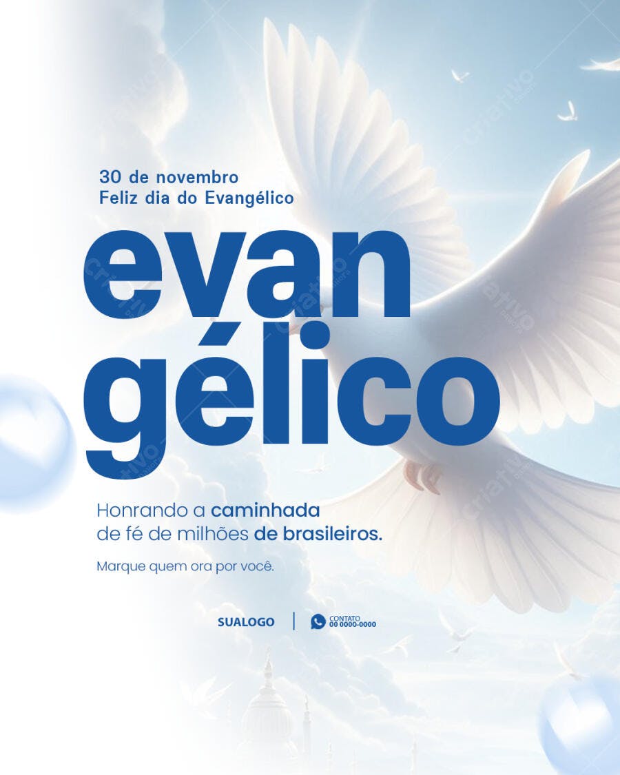 Flyer Dia do Evangélico 30 de Novembro com Pomba da Paz PSD Editável