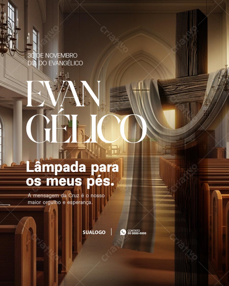 Flyer Dia do Evangélico Cruz de Madeira e Luz Divina PSD Editável