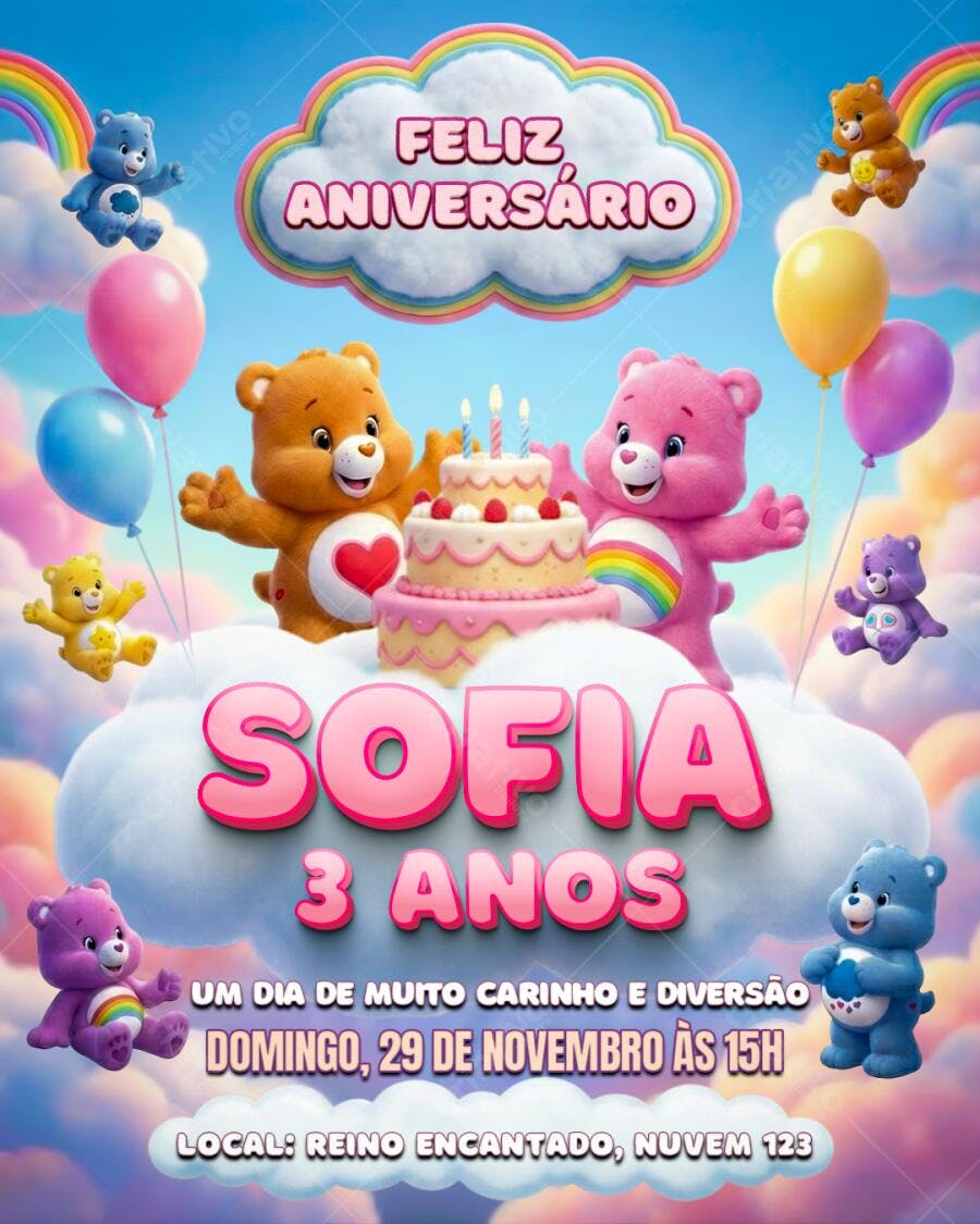 Convite Aniversário Infantil Ursinhos Carinhosos PSD Editável