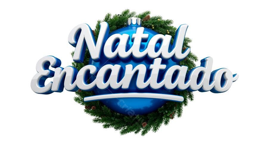 Selo 3D de Natal festivo guirlanda pinho bola azul texto branco brilhante
