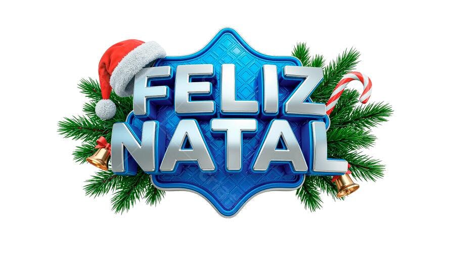 Selo 3D de Boas Festas Natalino azul metálico prateado com gorro sinos e pinho