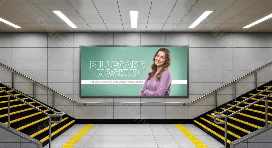 Mockup Outdoor Realista de Billboard em Estação de Metrô com Mulher Sorrindo