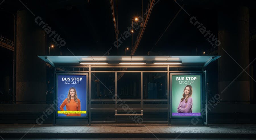 Mockup de Outdoor em Ponto de Ônibus Urbano Noturno Iluminado Realista