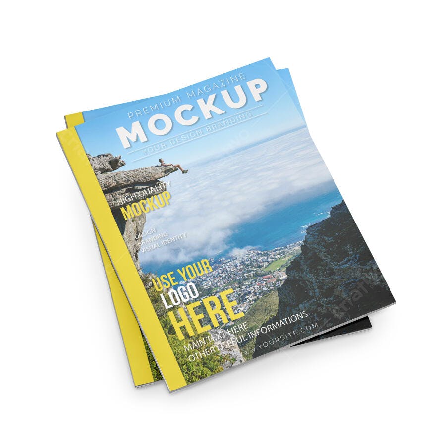Mockup Realista Revista Profissional Empilhada Capa Paisagem Montanha e Oceano Azul
