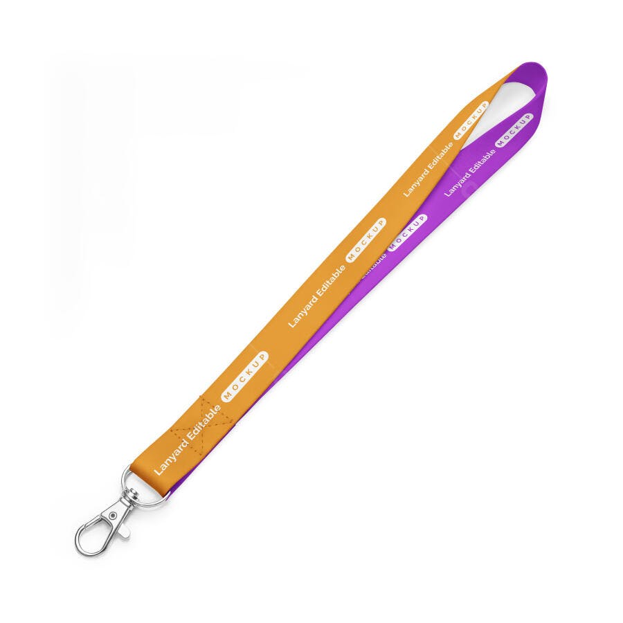 Mockup de Cordão Crachá Dupla Face Laranja Roxo Realista com Mosquetão
