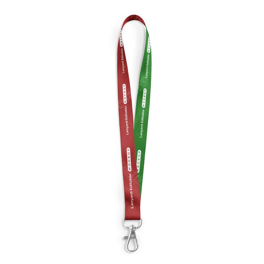 Mockup de Lanyard Duplo Vermelho e Verde com Mosquetão Metálico Realista