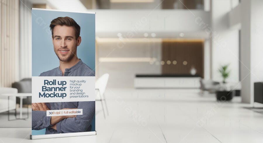 Mockup Roll Up Banner Moderno com Homem Sorrindo em Entrada de Escritório
