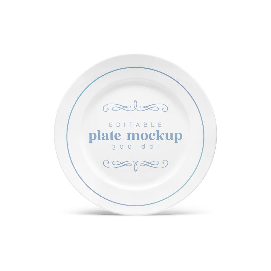 Mockup Realista de Prato de Cerâmica Branco com Detalhe Azul Elegante