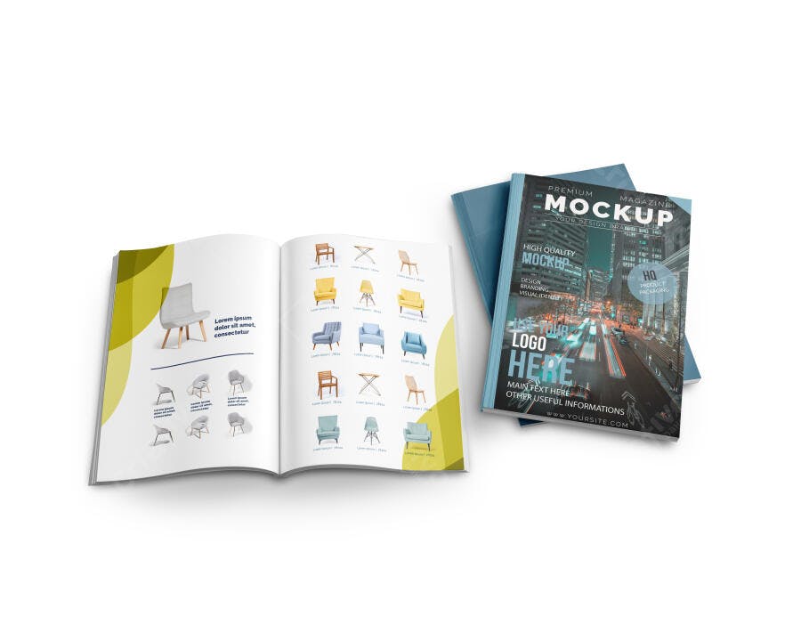 Mockup de Revista e Catálogo Aberto com Cenário Urbano Noturno e Móveis Modernos