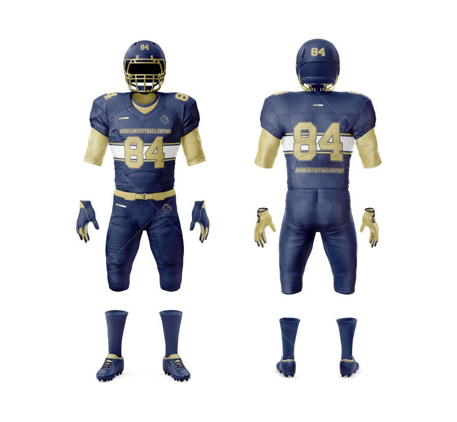 Mockup Realista de Uniforme de Futebol Americano Azul Marinho e Dourado Completo