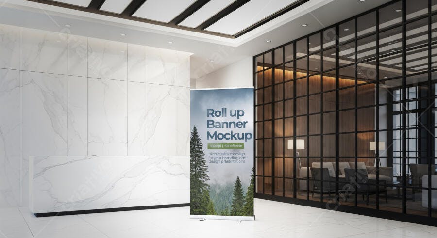 Mockup Roll-up Banner Moderno em Recepção Corporativa Branca e Madeira