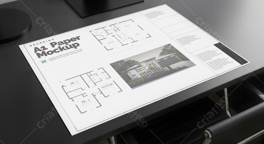 Mockup Realista de Papel A1 com Projeto Arquitetônico em Mesa Escura