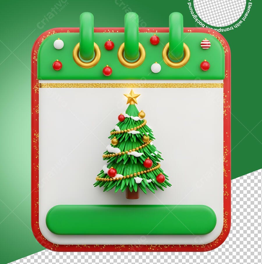 Calendário 3D de Natal com Árvore Enfeitada Verde Vermelha Dourada PNG com fundo transparente