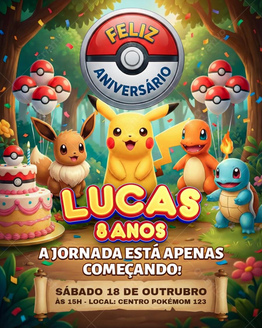 Convite Aniversário Pokémon Pikachu Eevee Lucas 8 Anos PSD Editável