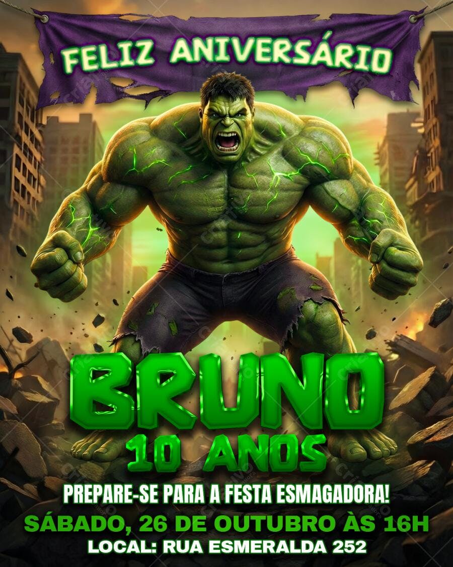 Flyer Aniversário Hulk Bruno 10 Anos "Festa Esmagadora" PSD Editável