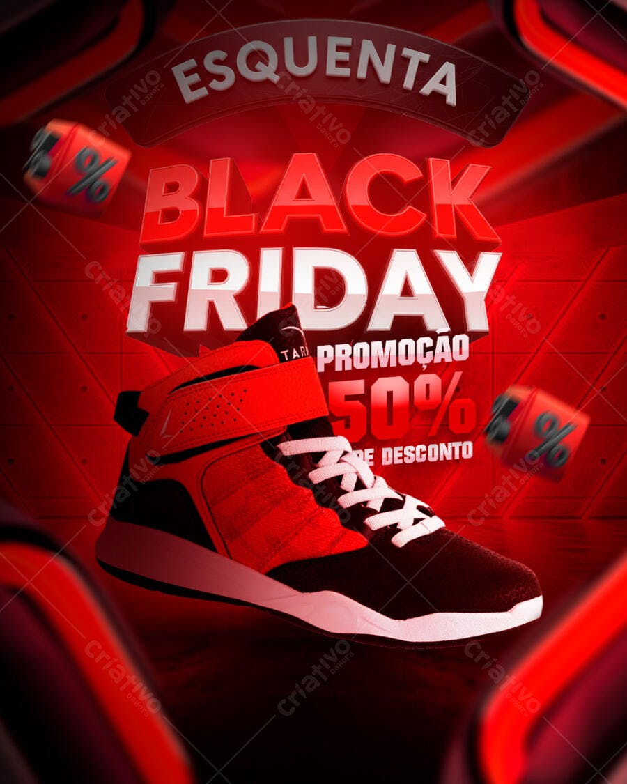 Flyer Esquenta Black Friday Tênis Esportivo Vermelho e Preto PSD Editável