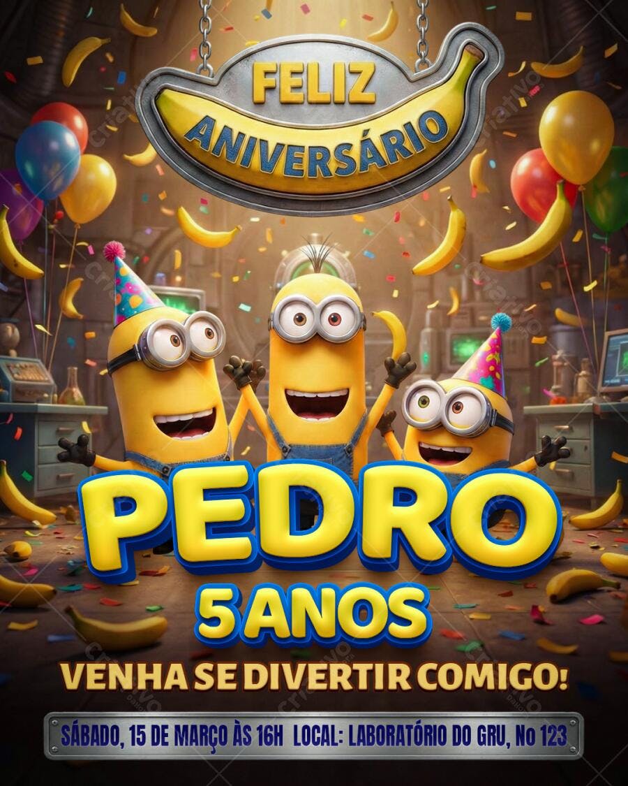 Convite Aniversário Infantil Minions Pedro 5 Anos PSD Editável