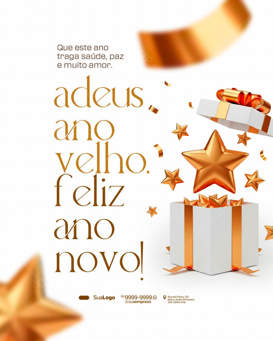 Post Redes Sociais Feliz Ano Novo Estrelas Ouro e Mensagem Boas Festas PSD Editável