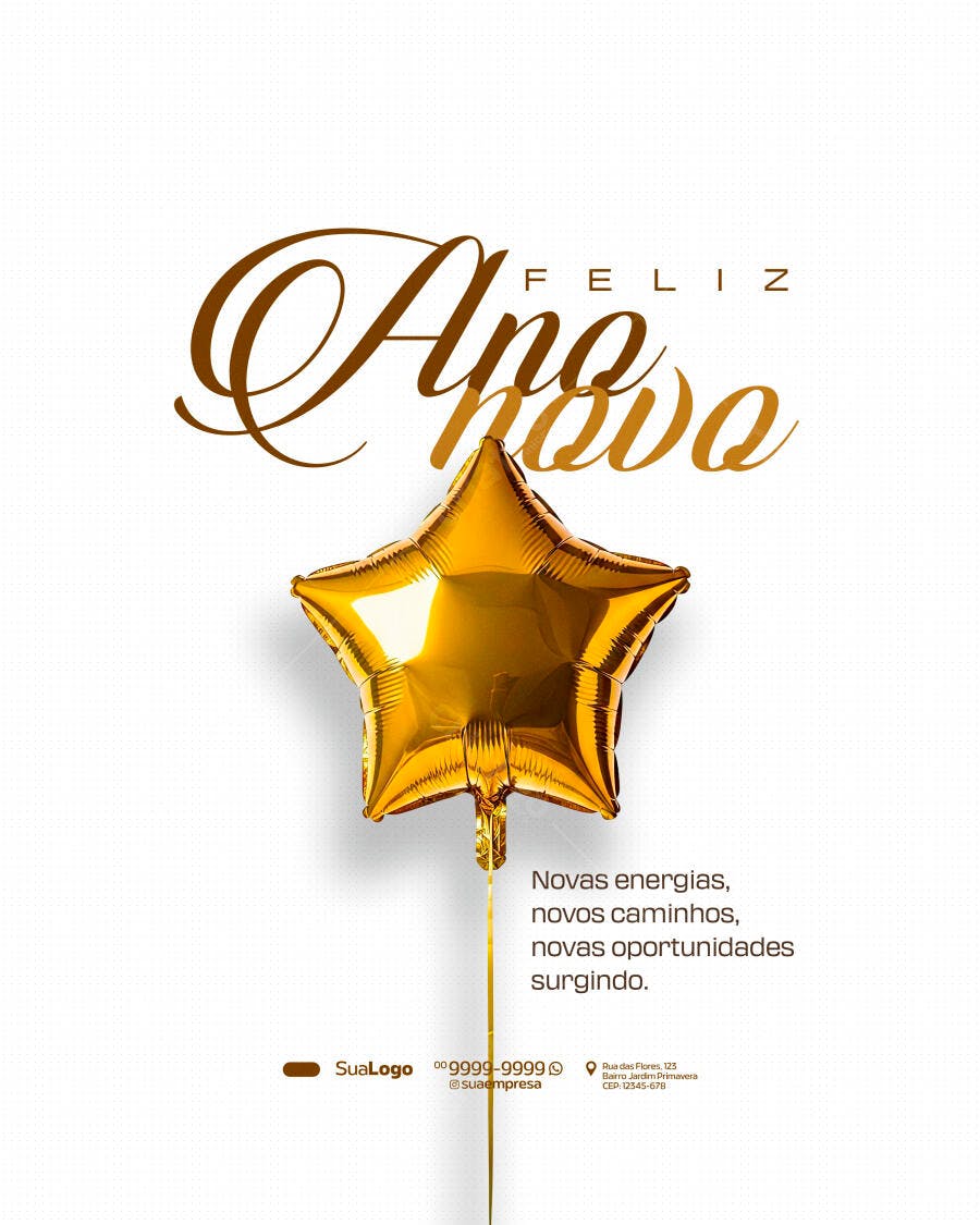 Flyer Post Feliz Ano Novo Dourado Balão Estrela PSD Editável