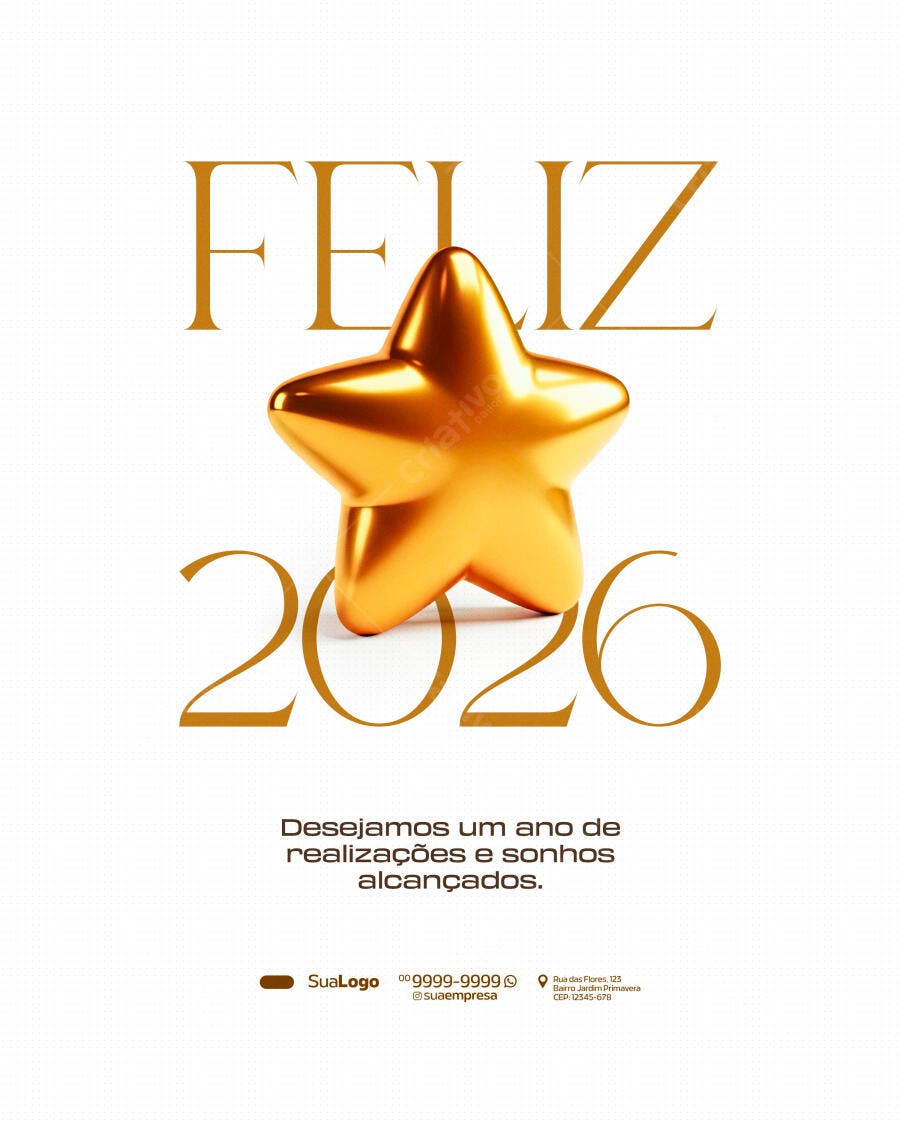 Flyer Feliz Ano Novo 2026 Estrela Dourada PSD Editável
