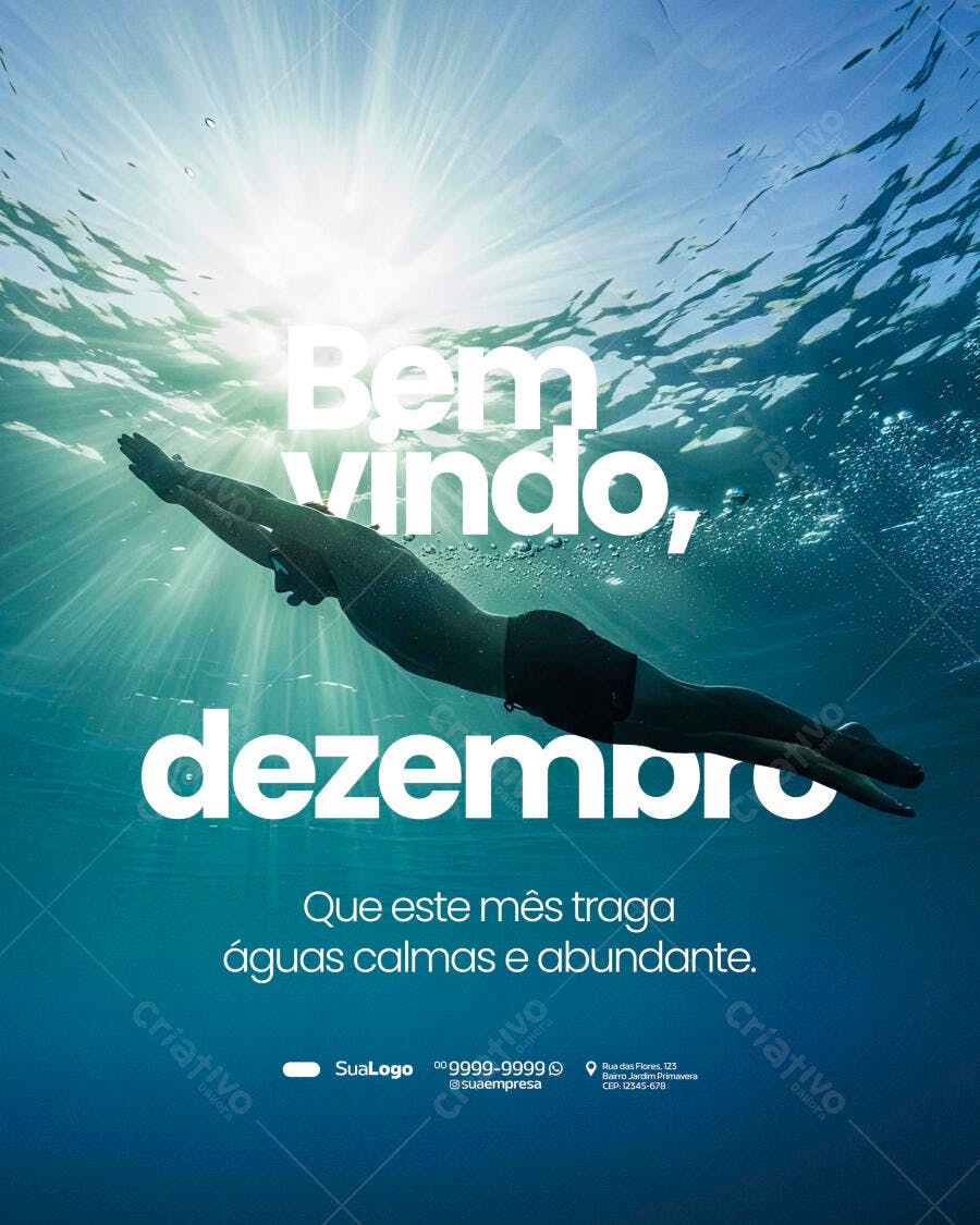 Flyer Boas-Vindas Dezembro Natação Águas Calmas PSD Editável