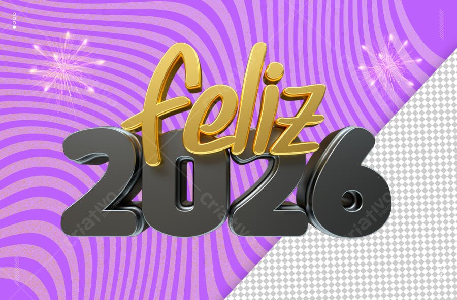 Flyer Celebração Ano Novo Feliz 2026 Dourado Roxo PSD Editável