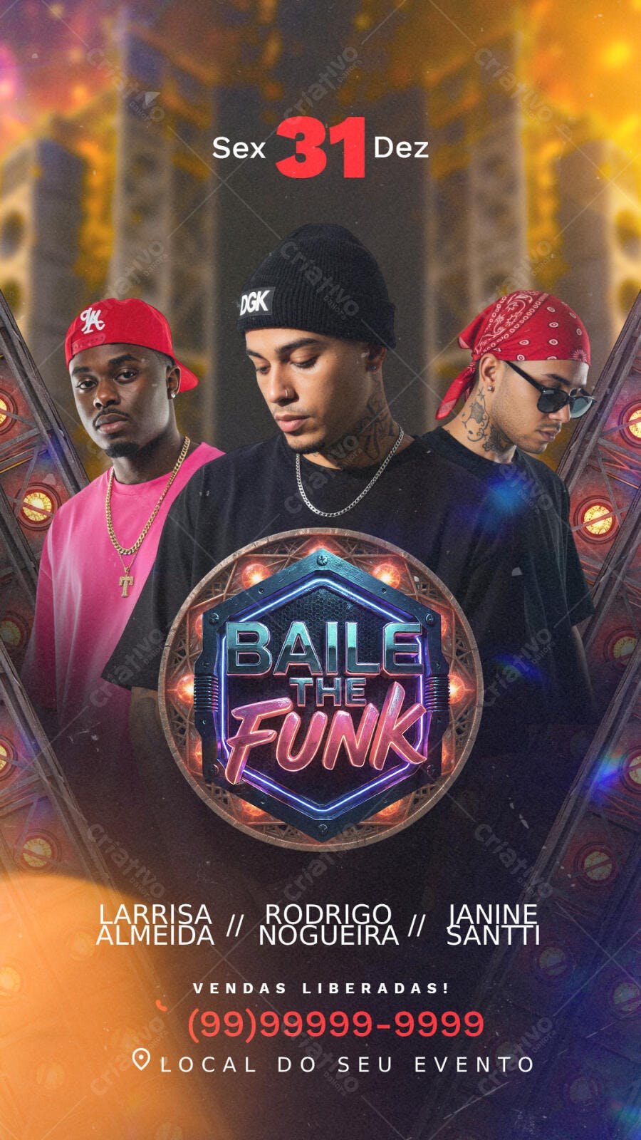 Flyer Baile Funk com DJs Larrisa, Rodrigo, Ianine PSD Editável