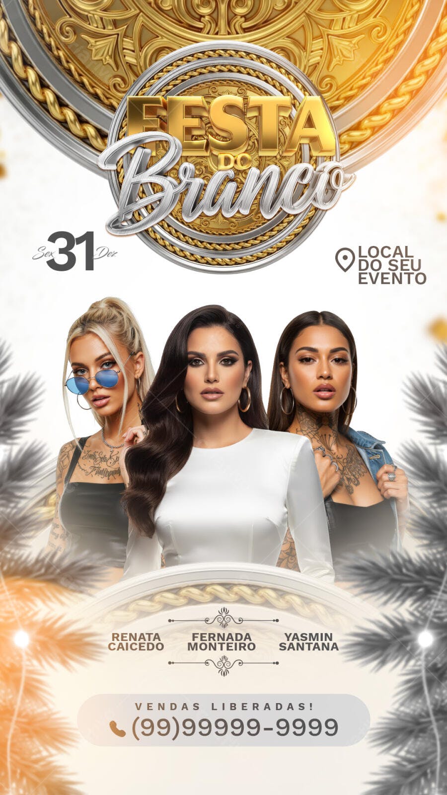 Flyer Festa do Branco 31 Dezembro com Modelos Femininas PSD Editável