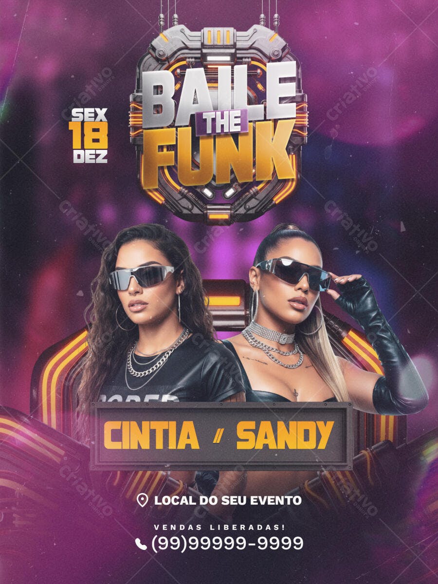 Flyer Baile The Funk com Cintia e Sandy PSD Editável