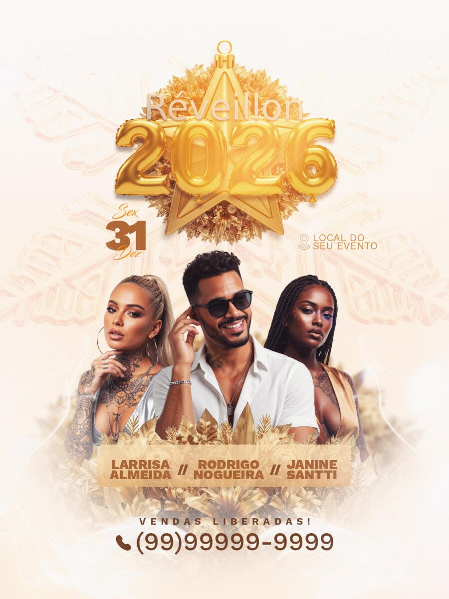 Flyer Digital para Reveillon 2026 com DJs e Artistas PSD Editável