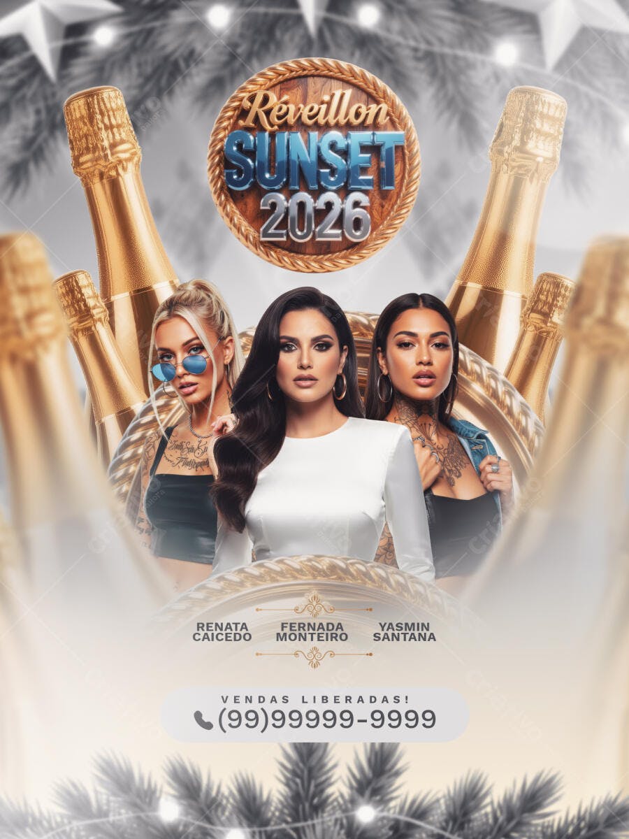 Flyer para Réveillon Sunset 2026 com Mulheres e Garrafas de Champanhe PSD Editável