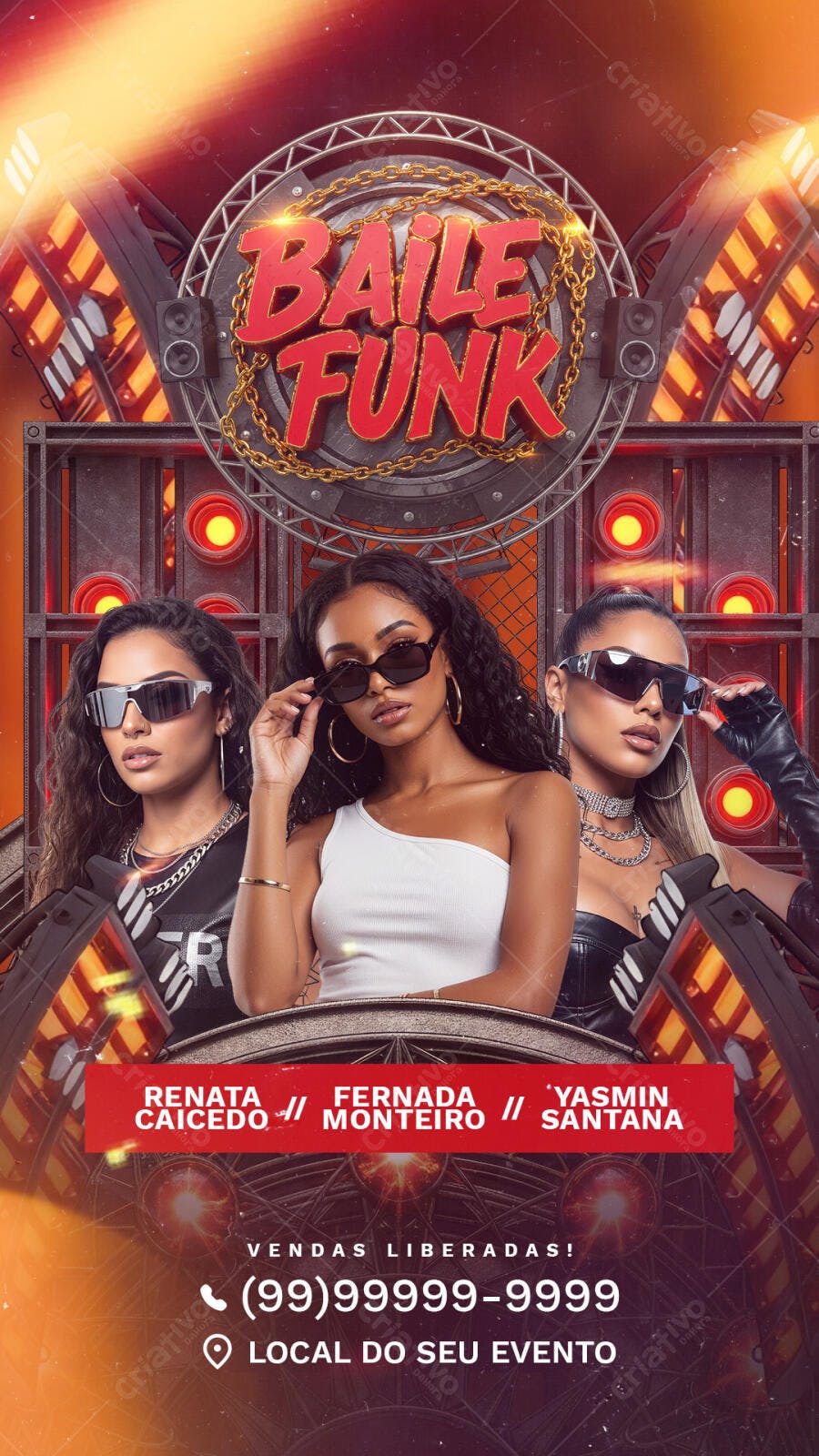 Flyer Baile Funk com Renata Caicedo Fernanda Monteiro Yasmin Santana PSD Editável