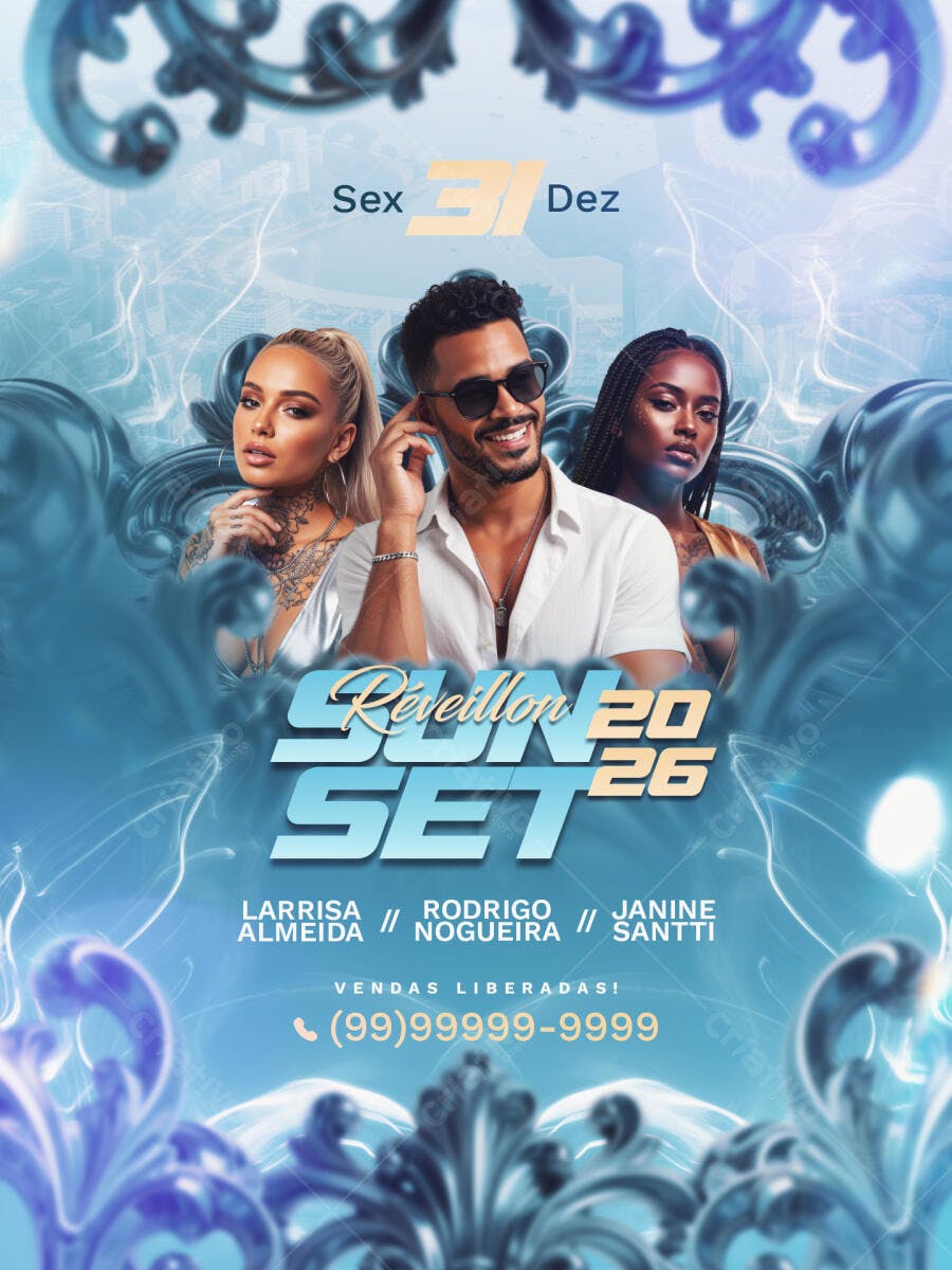Flyer Festa Réveillon SUN SET 2026 DJs Lariss Rodrigo Janine PSD Editável