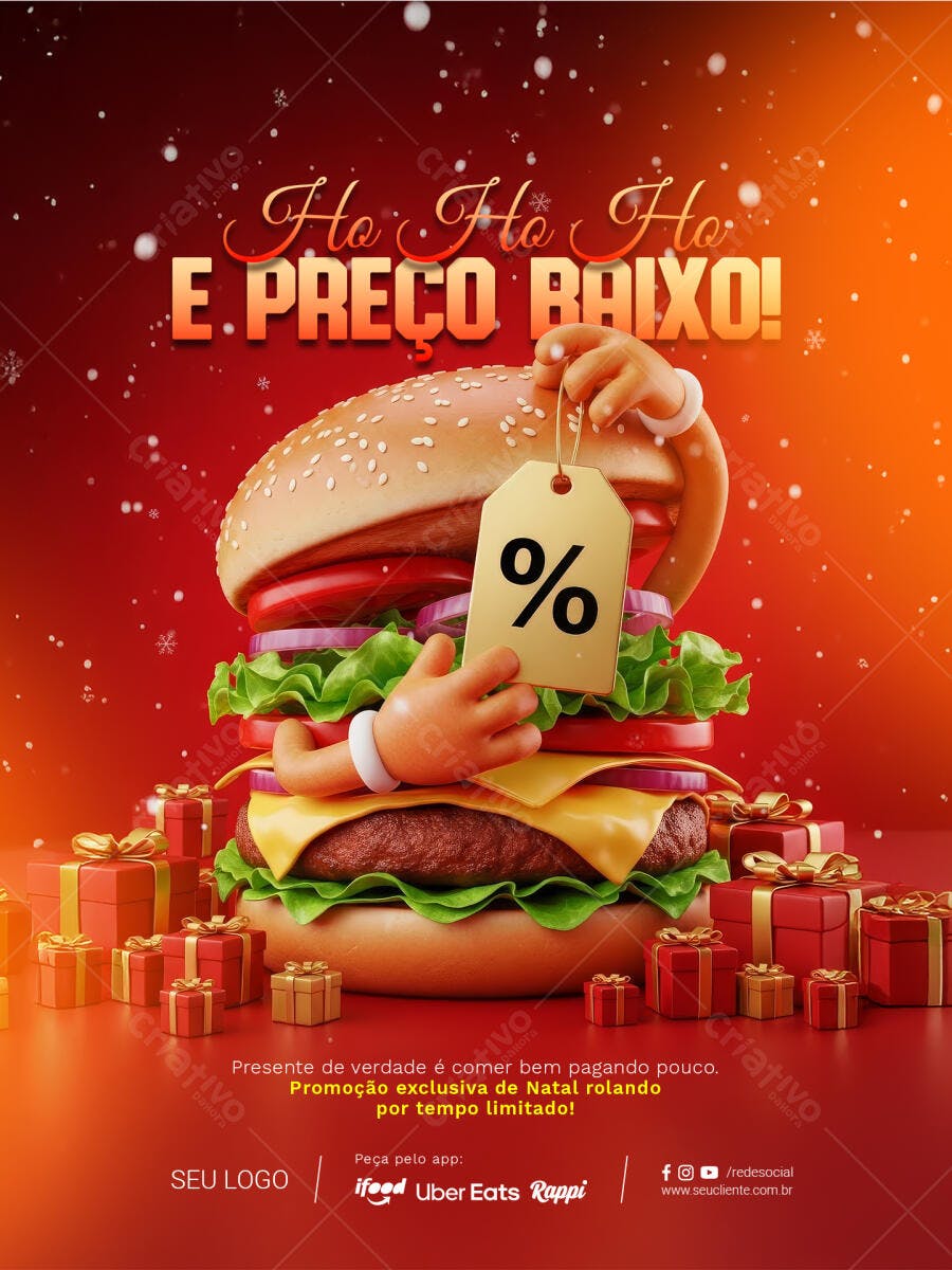 Flyer de Oferta Natal Ho Ho Ho Hambúrguer PSD Editável