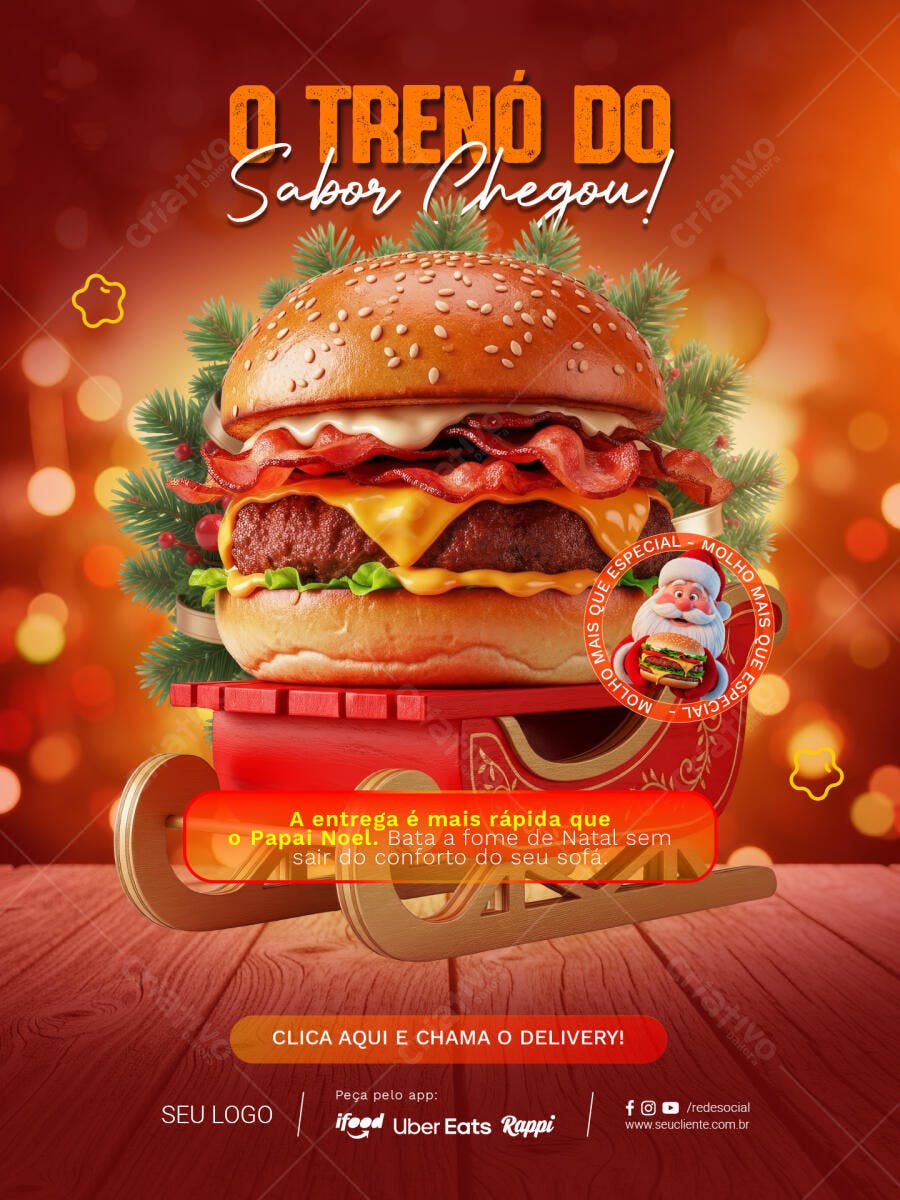 Flyer O Trenó do Sabor Chegou para Delivery Natalino PSD Editável