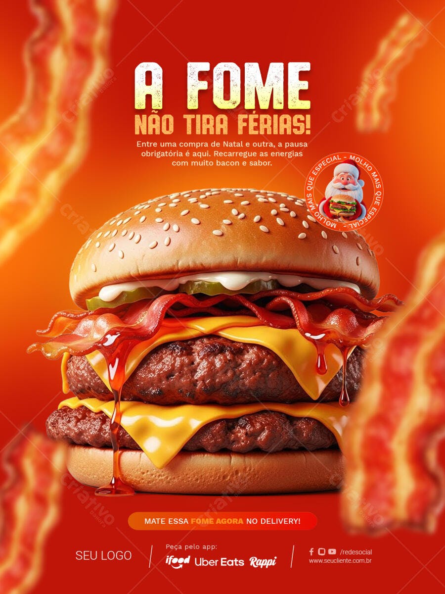 Flyer de Hambúrguer Fome Não Tira Férias PSD Editável