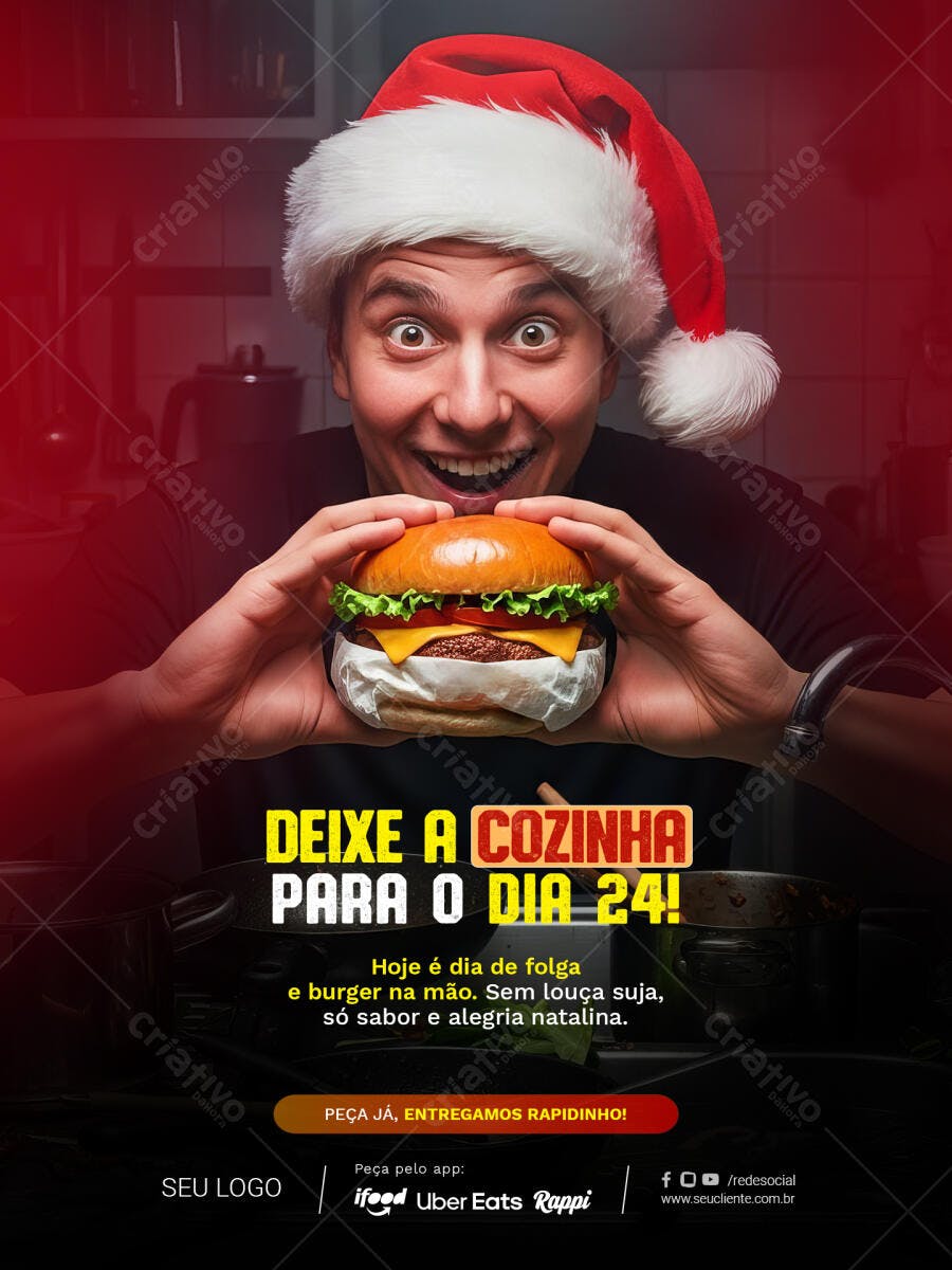 Flyer de Burger Natalino com Homem Animado para 24 de Dezembro PSD Editável