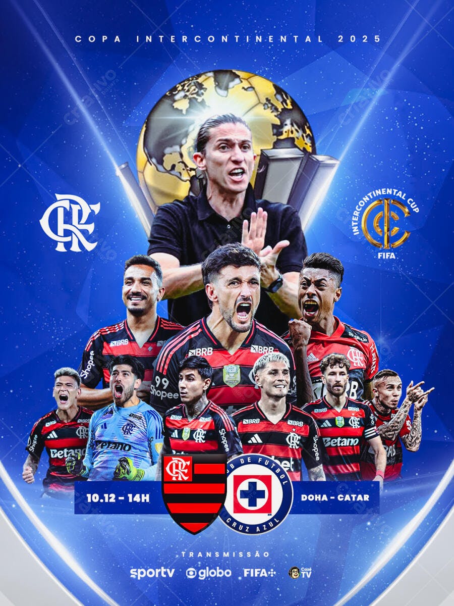 Flyer de Futebol Copa Intercontinental 2025 Flamengo x Cruz Azul PSD Editável