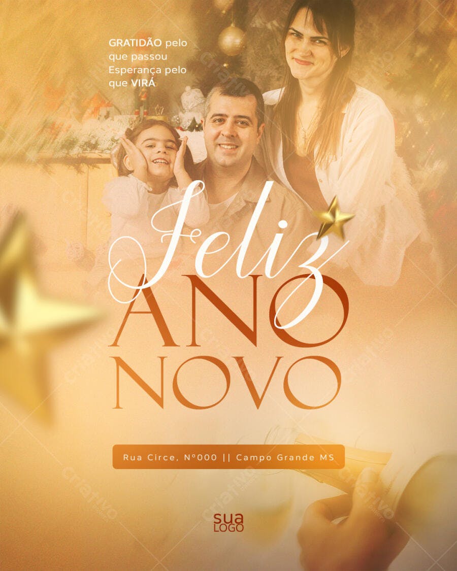 Flyer Feliz Ano Novo Família Gratidão Esperança PSD Editável