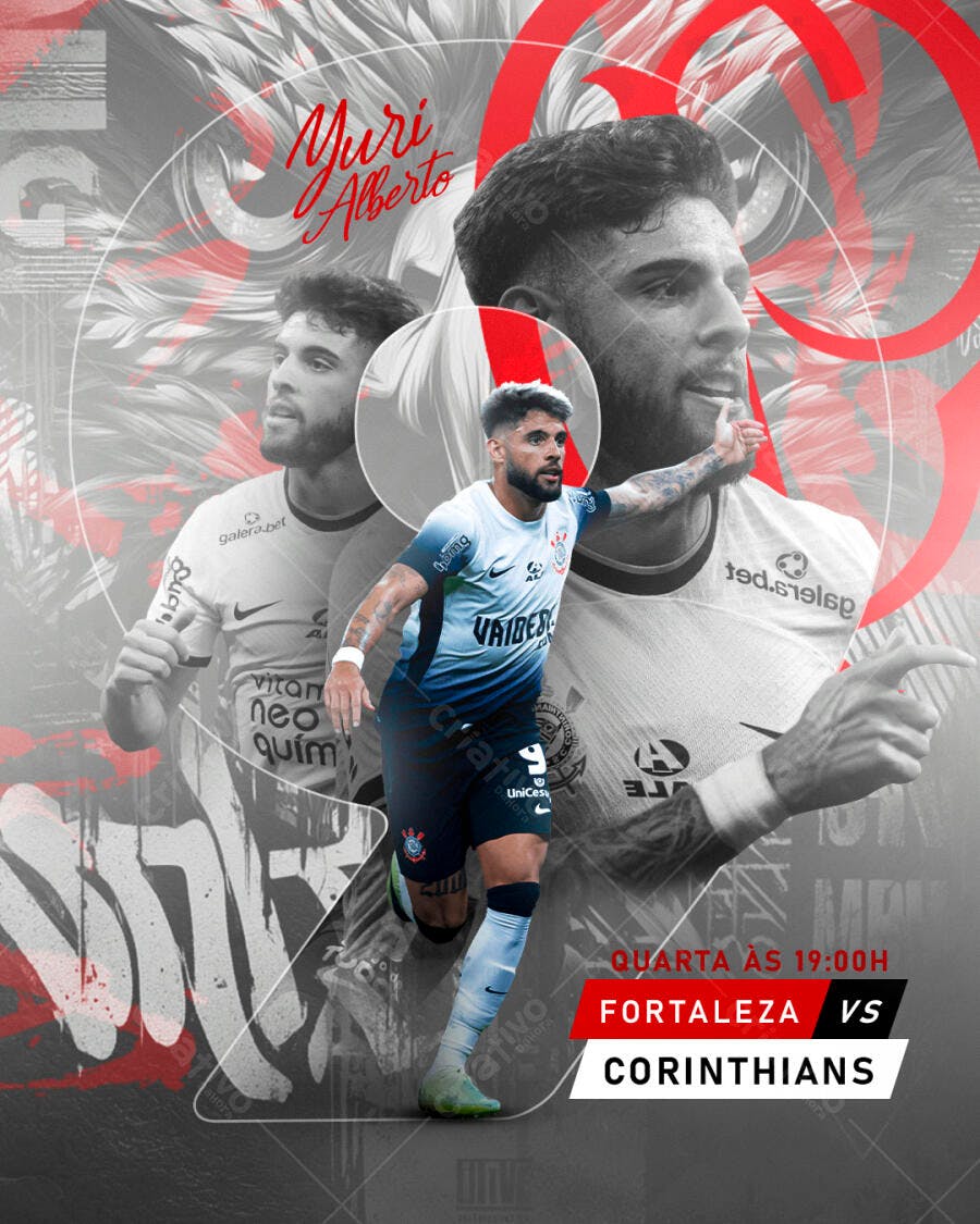 Flyer de Futebol Yuri Alberto Corinthians x Fortaleza PSD Editável