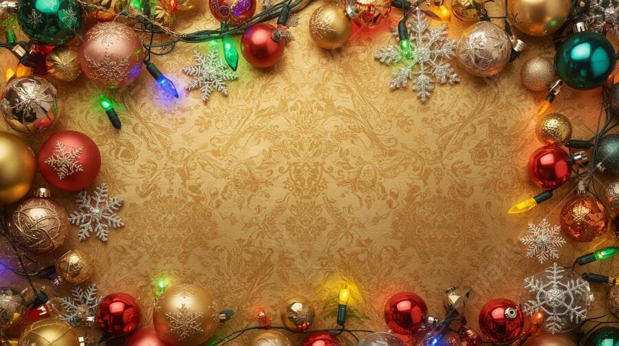 Enfeites de Natal coloridos com luzes cintilantes e flocos de neve em fundo dourado