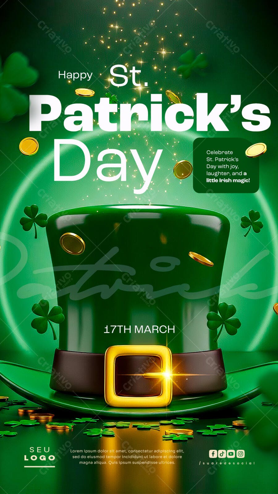 Flyer para St. Patrick's Day com Chapéu e Trevos PSD Editável