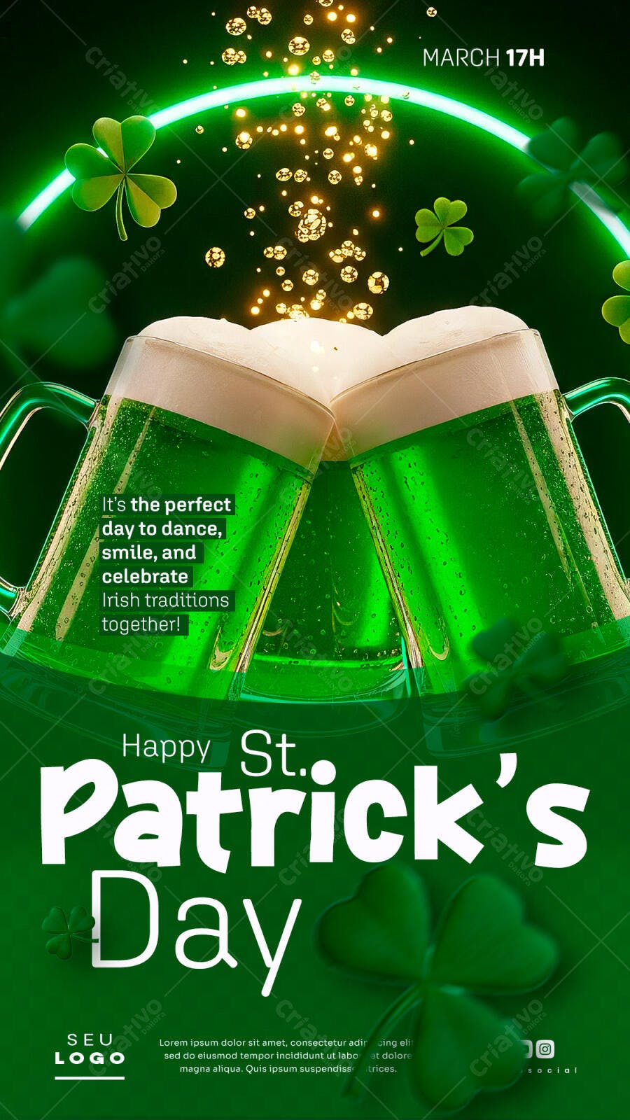Flyer Digital St Patrick's Day Cerveja Verde PSD Editável