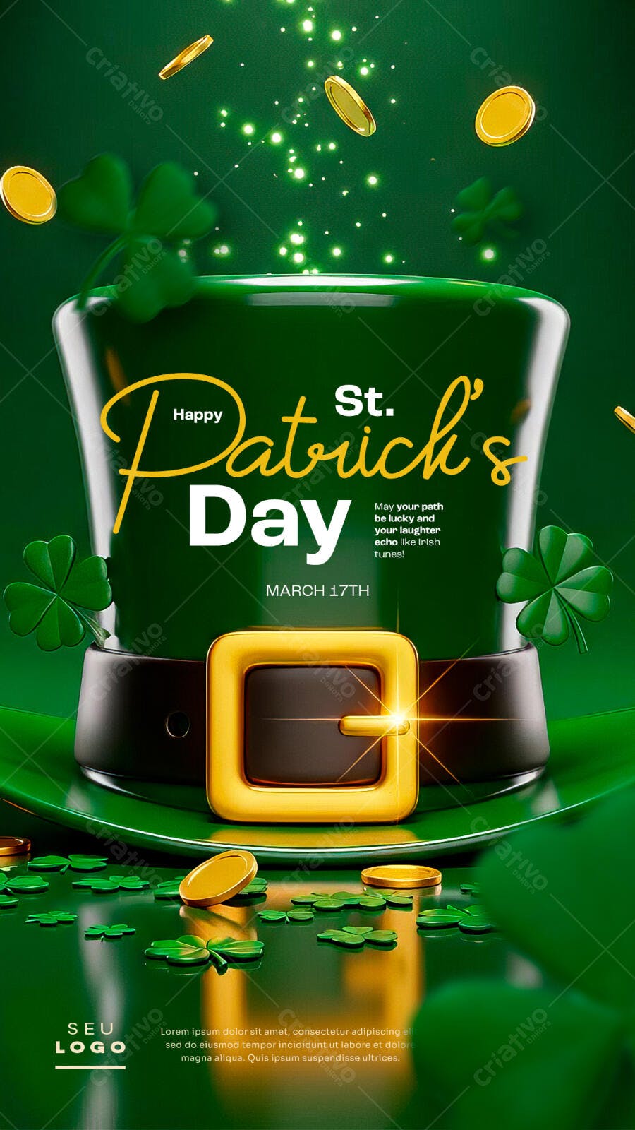 Flyer Digital St. Patrick's Day Chapéu Verde Moedas Ouro PSD Editável