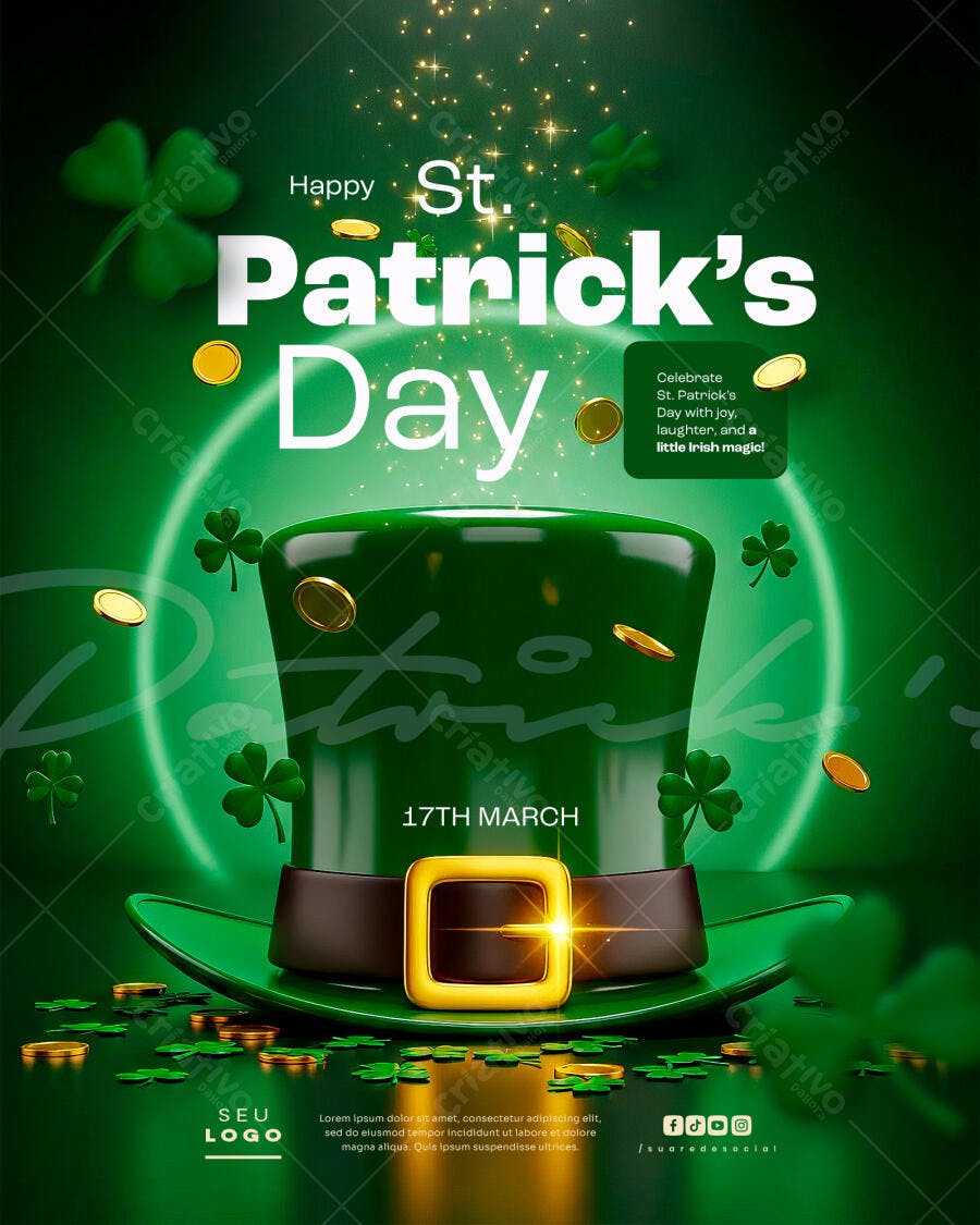 Flyer Dia de São Patrício Chapéu Leprechaun Moedas PSD Editável