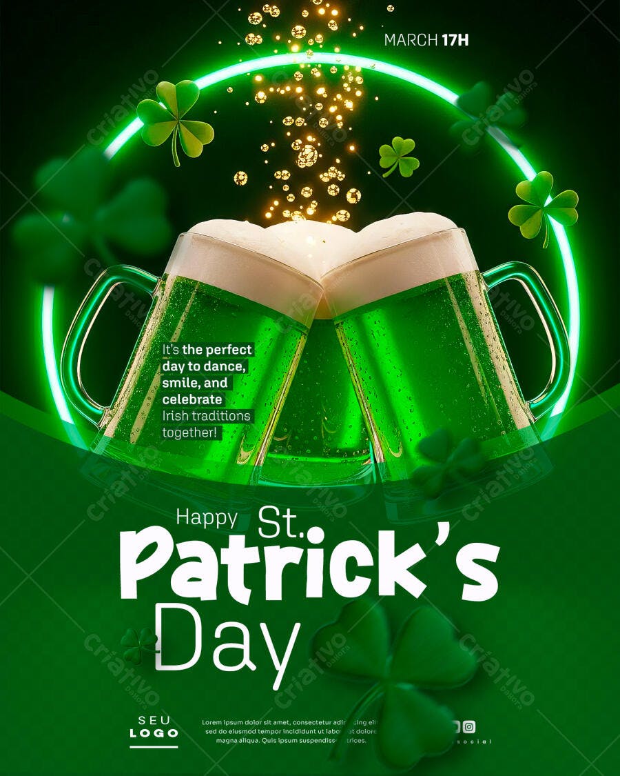 Flyer Happy St. Patrick's Day Cervejas Verdes Trevos PSD Editável