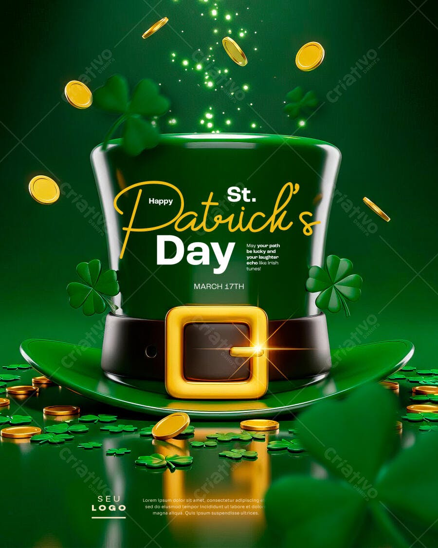 Flyer Verde St. Patrick's Day com Chapéu Leprechaun e Trevos PSD Editável