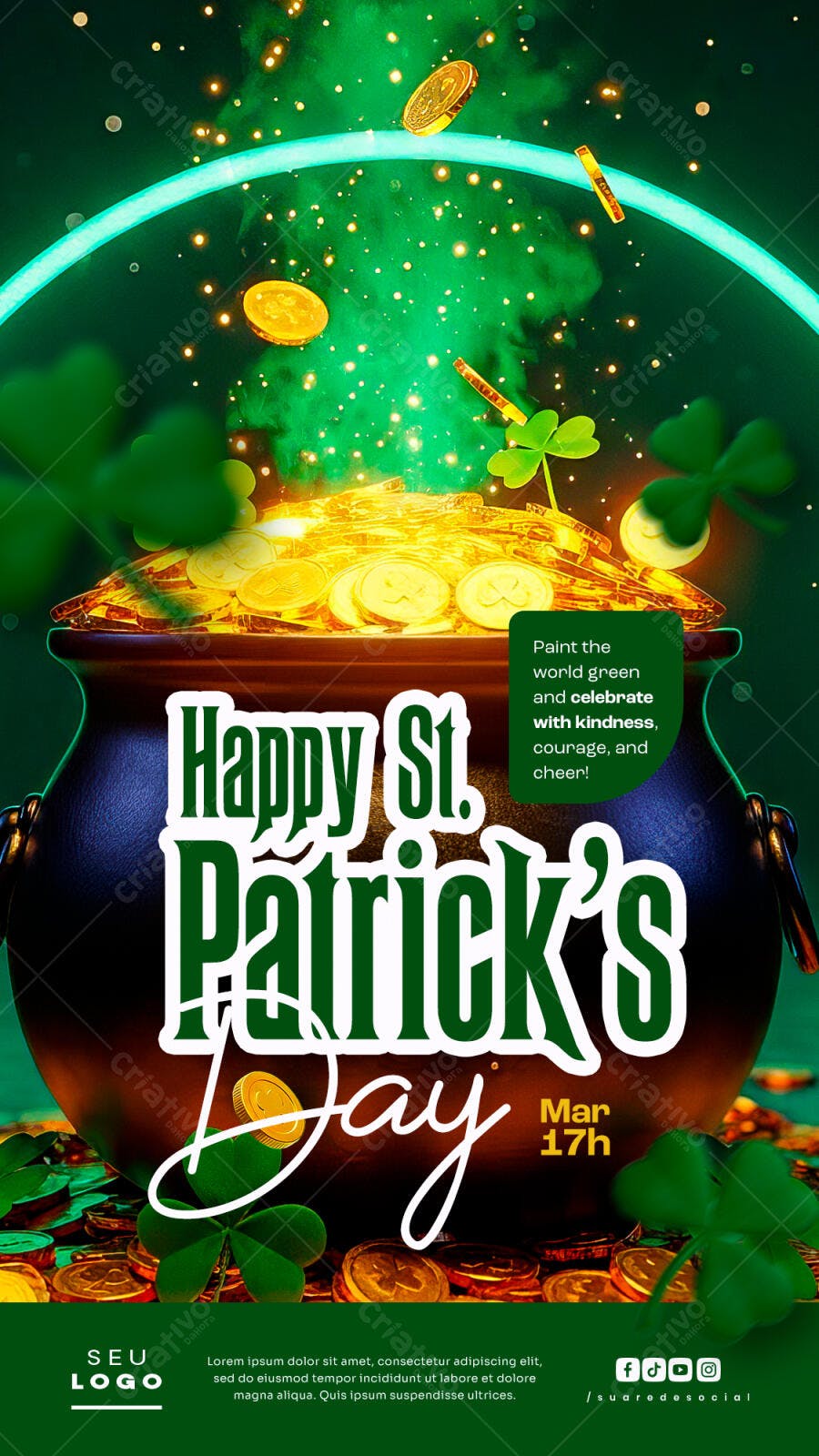 Flyer para Dia de São Patrício Pote de Ouro Verde PSD Editável